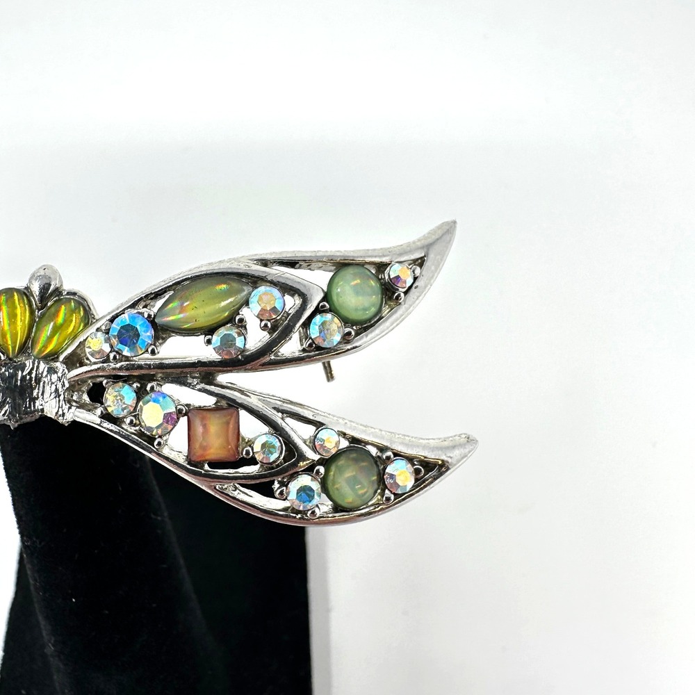 Vintage Dragonfly Brooch Aurora Borealis Rhinestone Art Glass Silver Tone - Picture 4 of 10